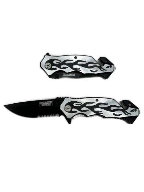 4.75" Flame Design Silver Handle Black Blade