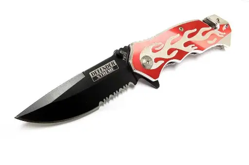 [617037245566] 4.75" Flame Design Red Handle Black Blade Knife