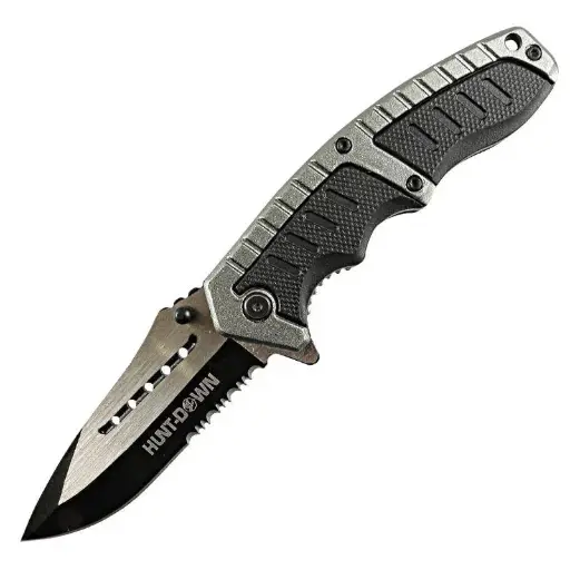 [638361804892] Hunt-Down 8.5" Silver & Black Folding Spring Assisted Knife Stainless 3CR13 Steel