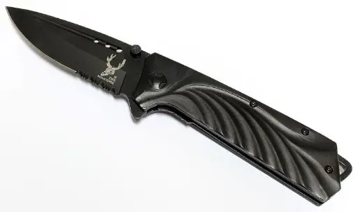 [617037243500] Black P/K Srtd Blade SS Handle Knife