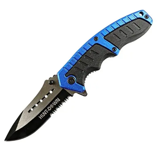 [638361804908] Hunt-Down 8.5" Blue & Black Folding Spring Assisted Knife Stainless 3CR13 Steel