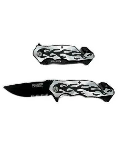 [638361787935] 4.75" Flame Design Silver Handle Black Blade