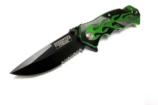 [617037245573] 4.75" Flame Design Green Handle Black Blade Knife