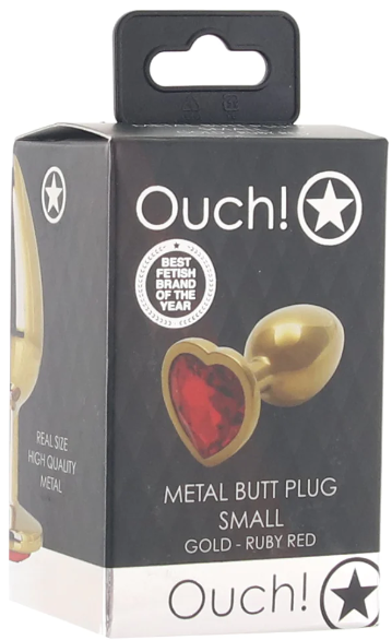 Ouch! Heart Gem Metal Butt Plug Gold Ruby Red Small