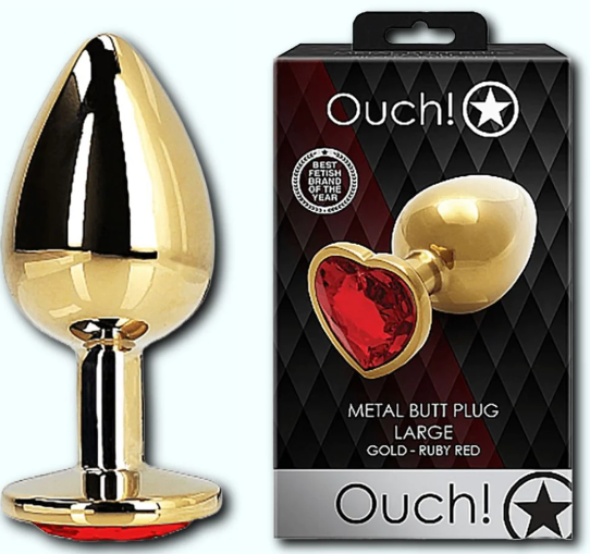 Ouch! Heart Gem Metal Butt Plug Gold Ruby Red Large