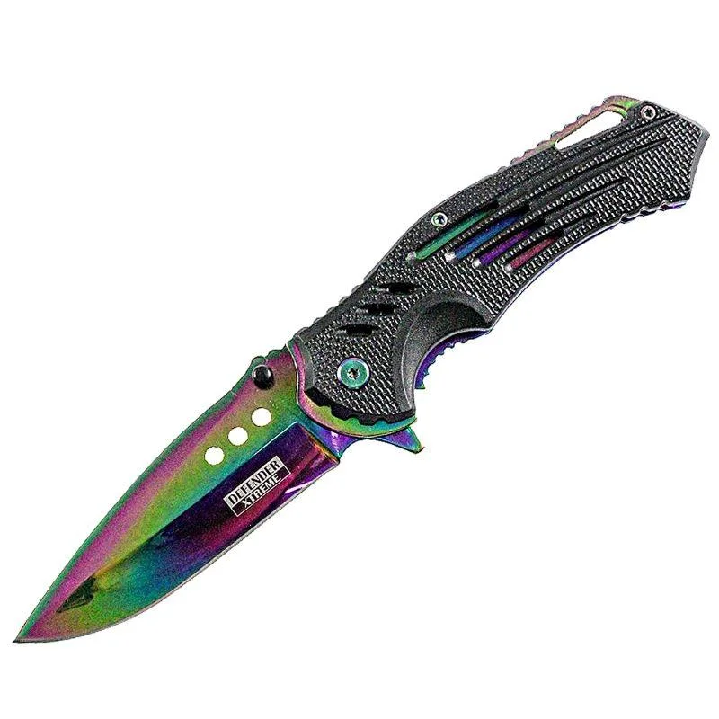 Defender Xtreme 8.75" Spring Assisted Tactical Folding Knife 3CR13 Steel Rainbow