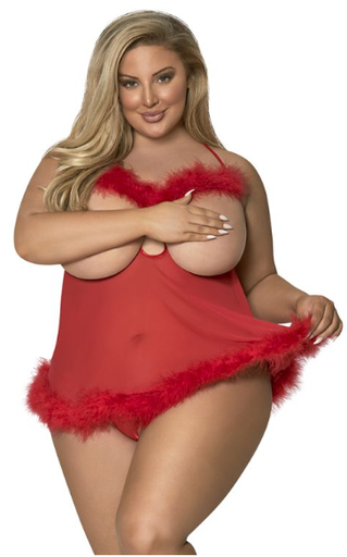Magic Silk Marabou Cupless & Crotchless Baby Doll Set Red Queen Size