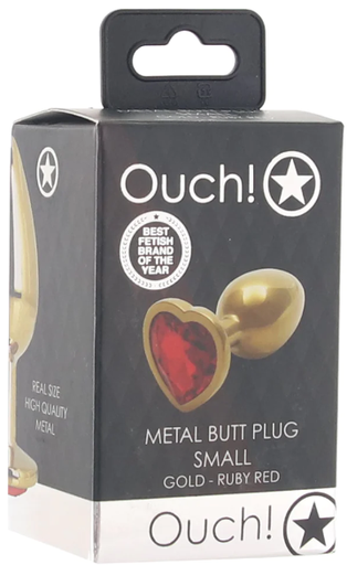 Ouch! Heart Gem Metal Butt Plug Gold Ruby Red Small