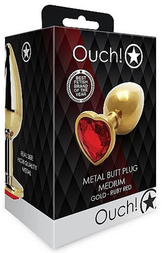 Ouch! Heart Gem Metal Butt Plug Gold Ruby Red Medium