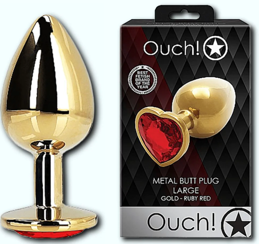 Ouch! Heart Gem Metal Butt Plug Gold Ruby Red Large