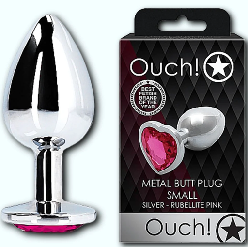 Ouch! Heart Gem Metal Butt Plug Silver Rubellite Small