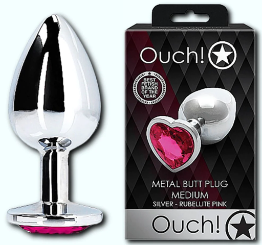 Ouch! Heart Gem Metal Butt Plug Silver Rubellite Medium