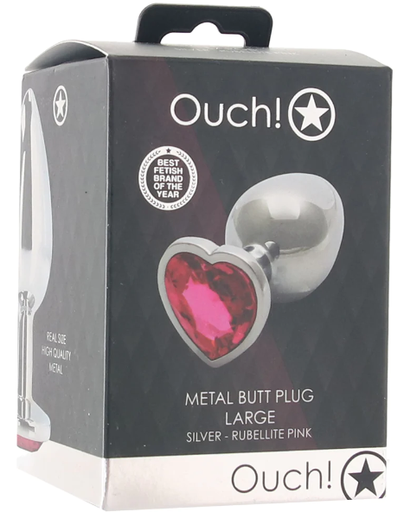 Ouch! Heart Gem Metal Butt Plug Silver Rubellite Large