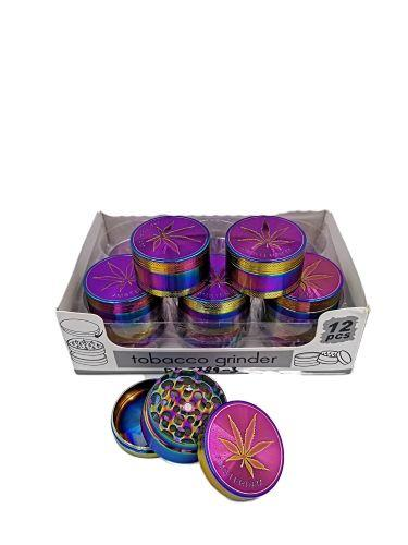 [5565] 3 Part 50mm Rainbow Polished With Engraved Leaf Design Grinder