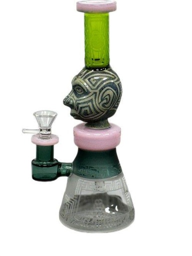 [6355] Mayan Face Beaker Bottom WP Etched Design W/ Bottom Perc